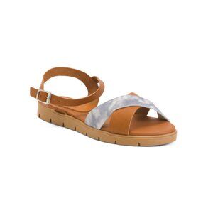 HELENE ROUGE Spain Leather Cross Band Comfort Sandals With Ankle Strap